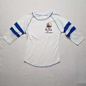 Vintage Montana Graphic Raglan T-shirt White Blue Striped Womens S Long Sleeve